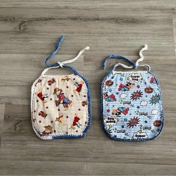 New Patriotic Crochet Cotton Bibs with Cute Flannel Backing & Decals (Set of 2) - Picture 3 of 12